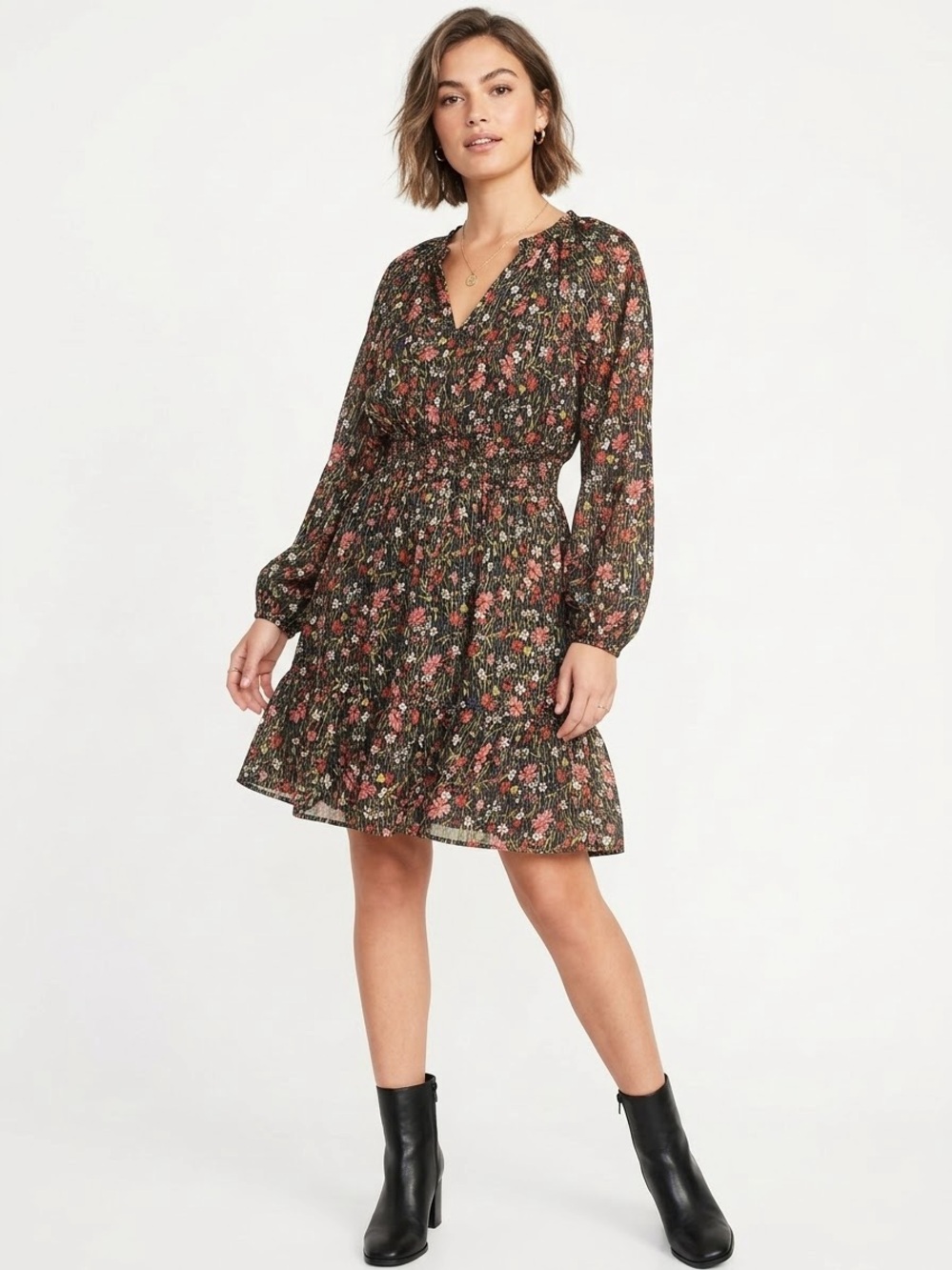 Old Navy $45 P2P19-20” L40” Black Floral Metallic Smocked Tiered Dress L Tall